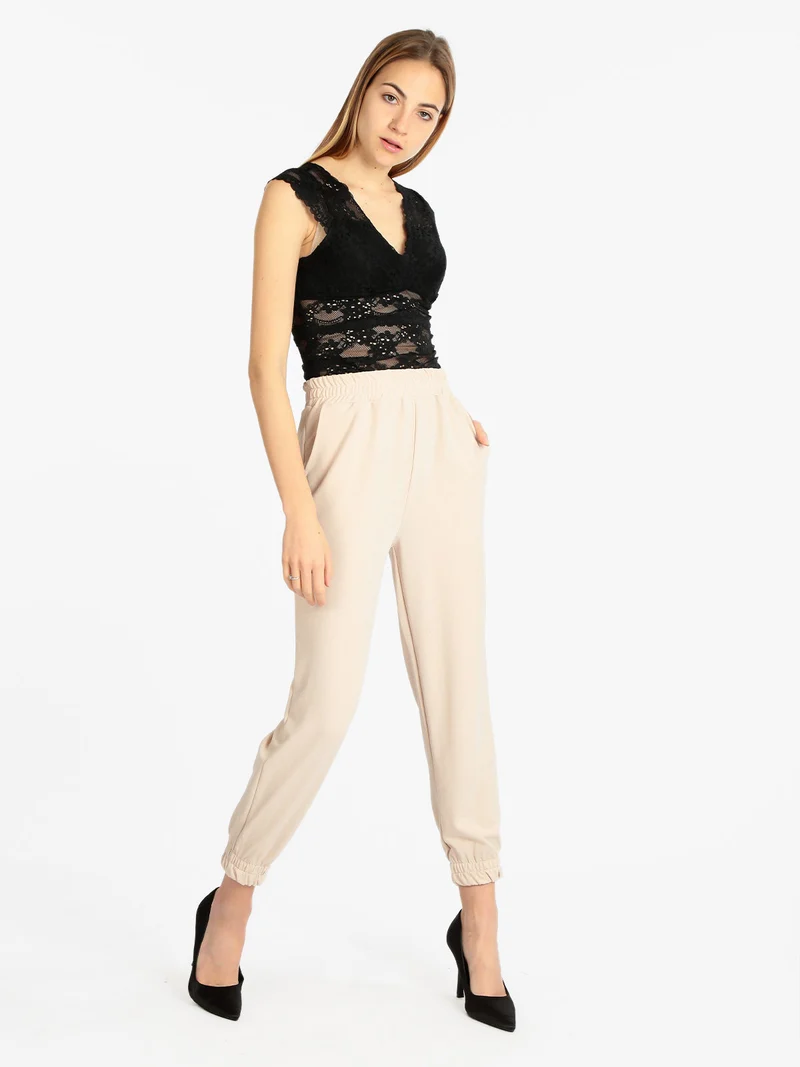 Pantaloni morbidi donna con polsino - beige