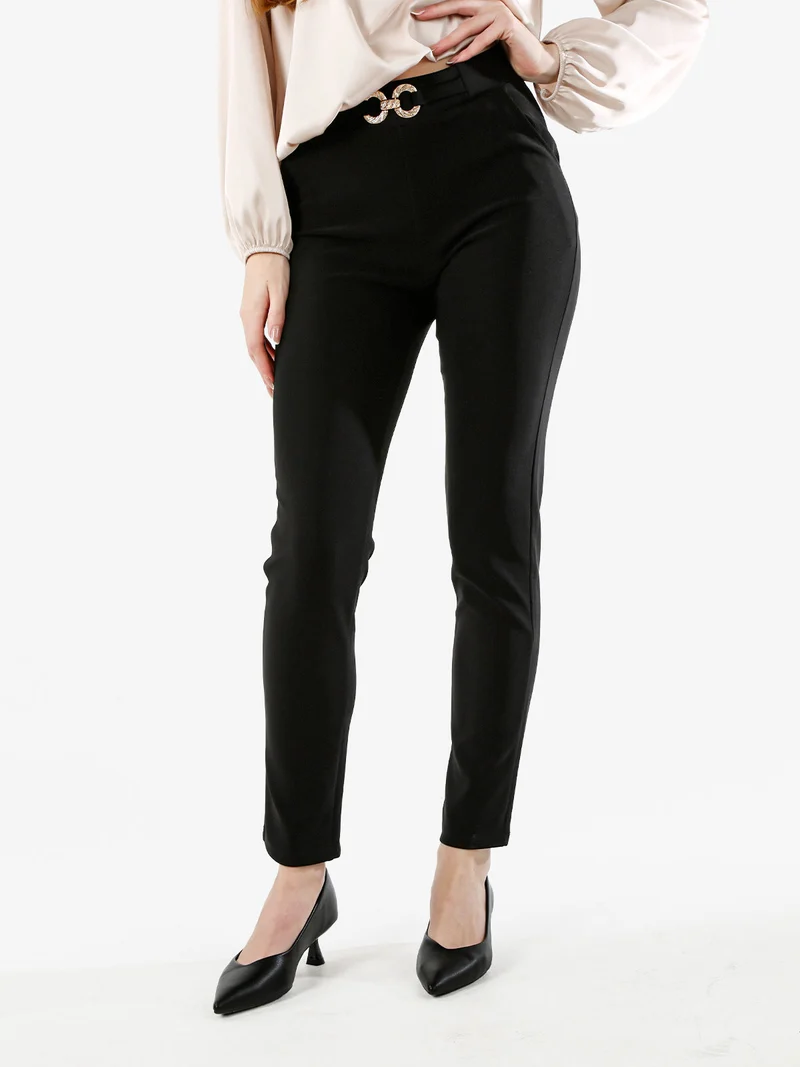 Pantaloni donna a vita alta con dettaglio gioiello - nero