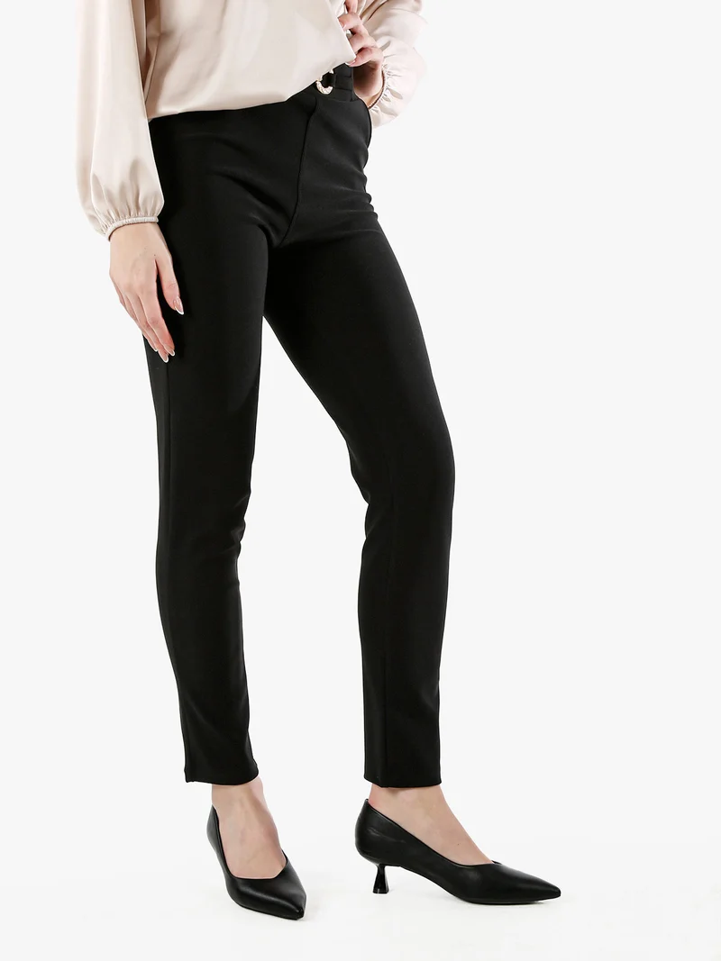 Pantaloni donna a vita alta con dettaglio gioiello - nero