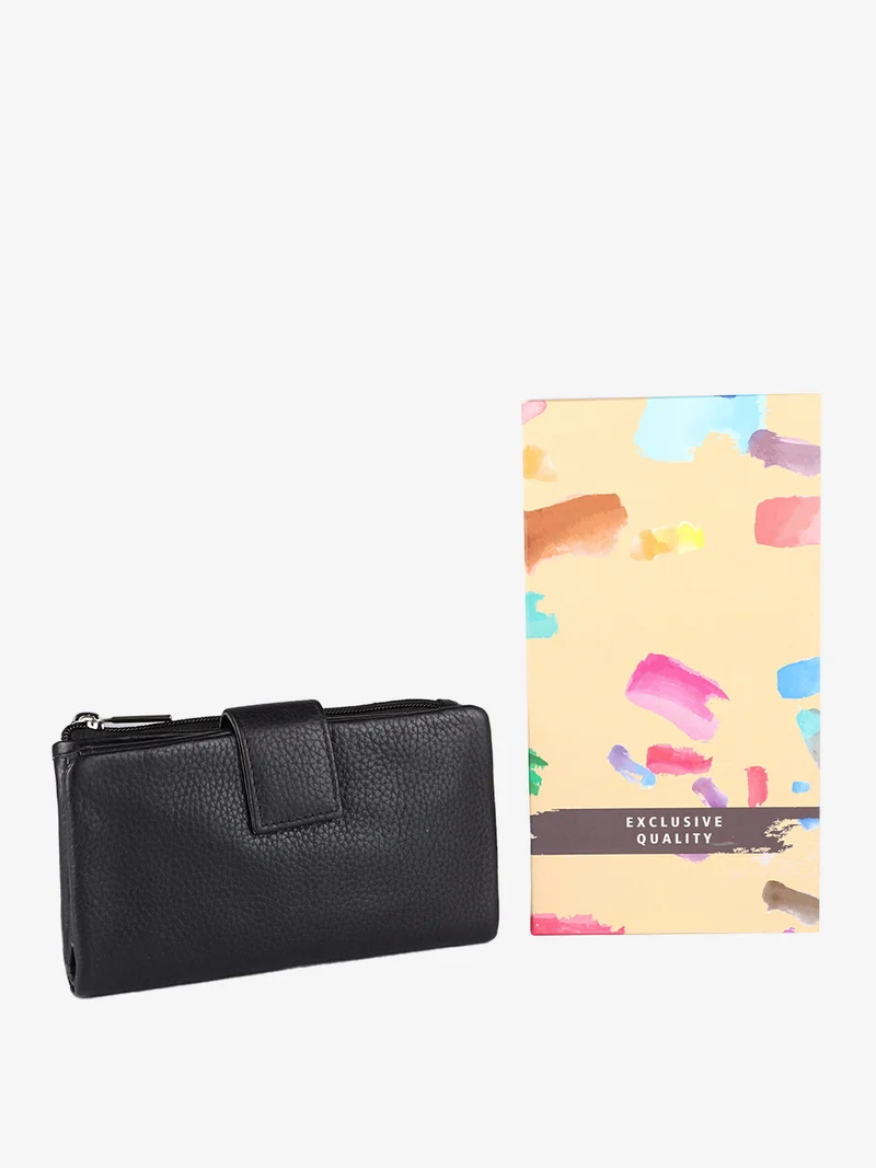 Portafoglio in pelle da donna con bottone - nero