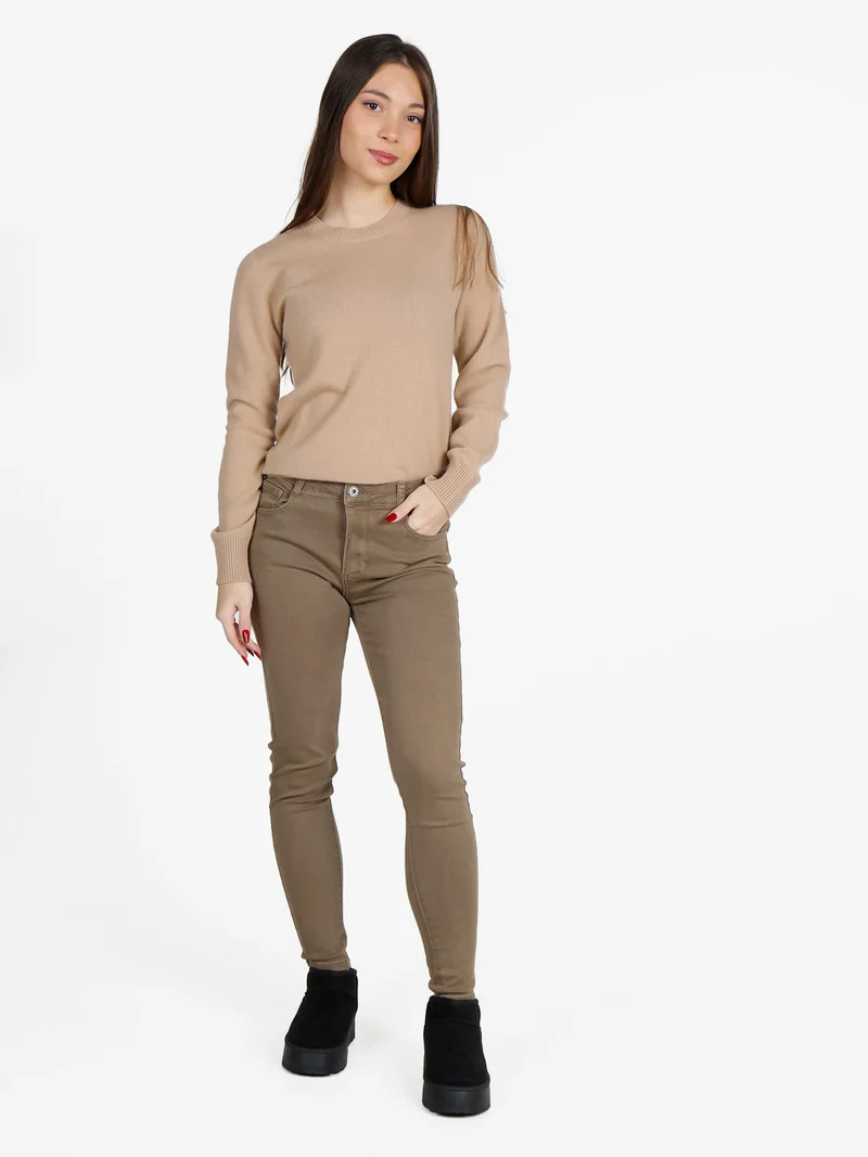 Maglione girocollo da donna in misto lana e cashemere - cammello