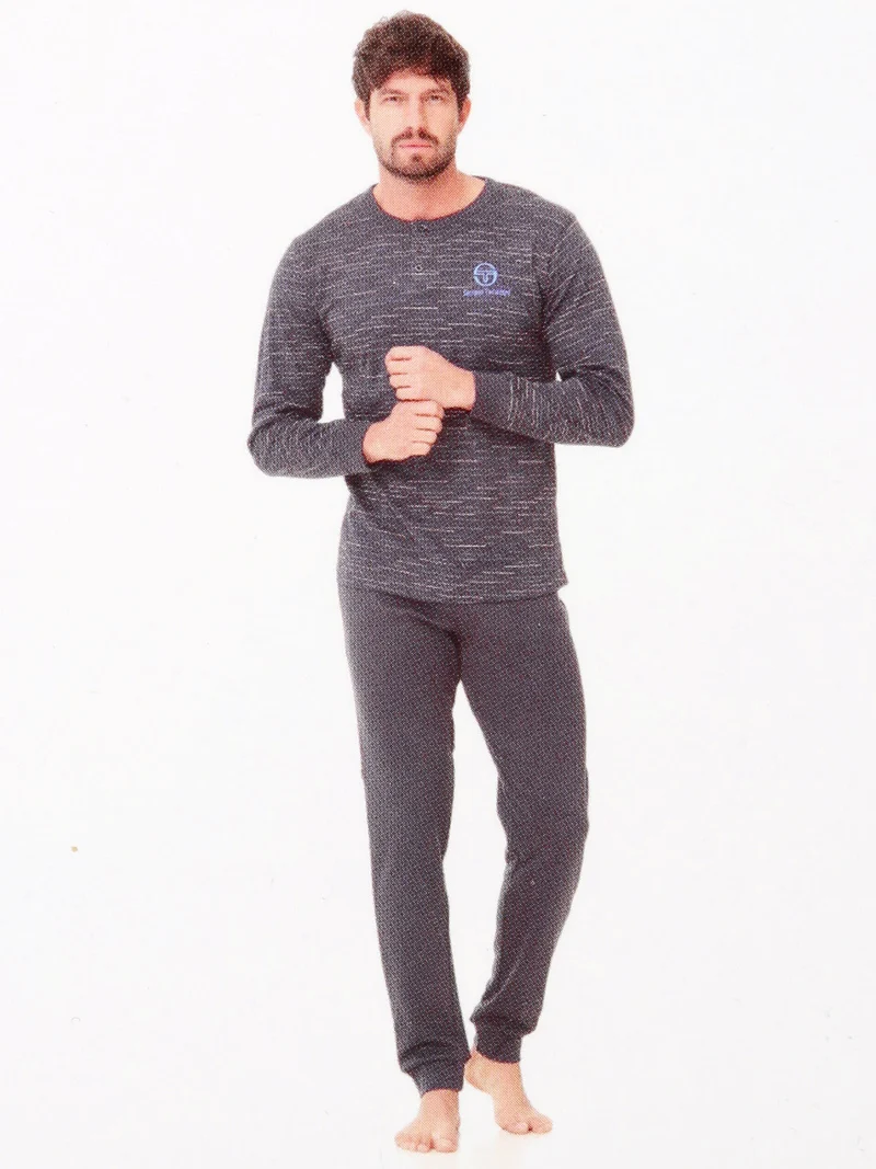 Pigiama lungo da uomo in cotone interlock - grigio scuro