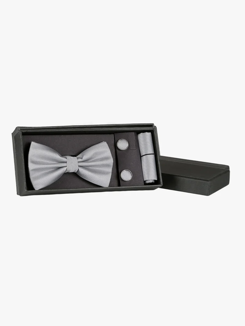 Set 3 pezzi uomo con papillon gemelli e fazzoletto - grigio chiaro