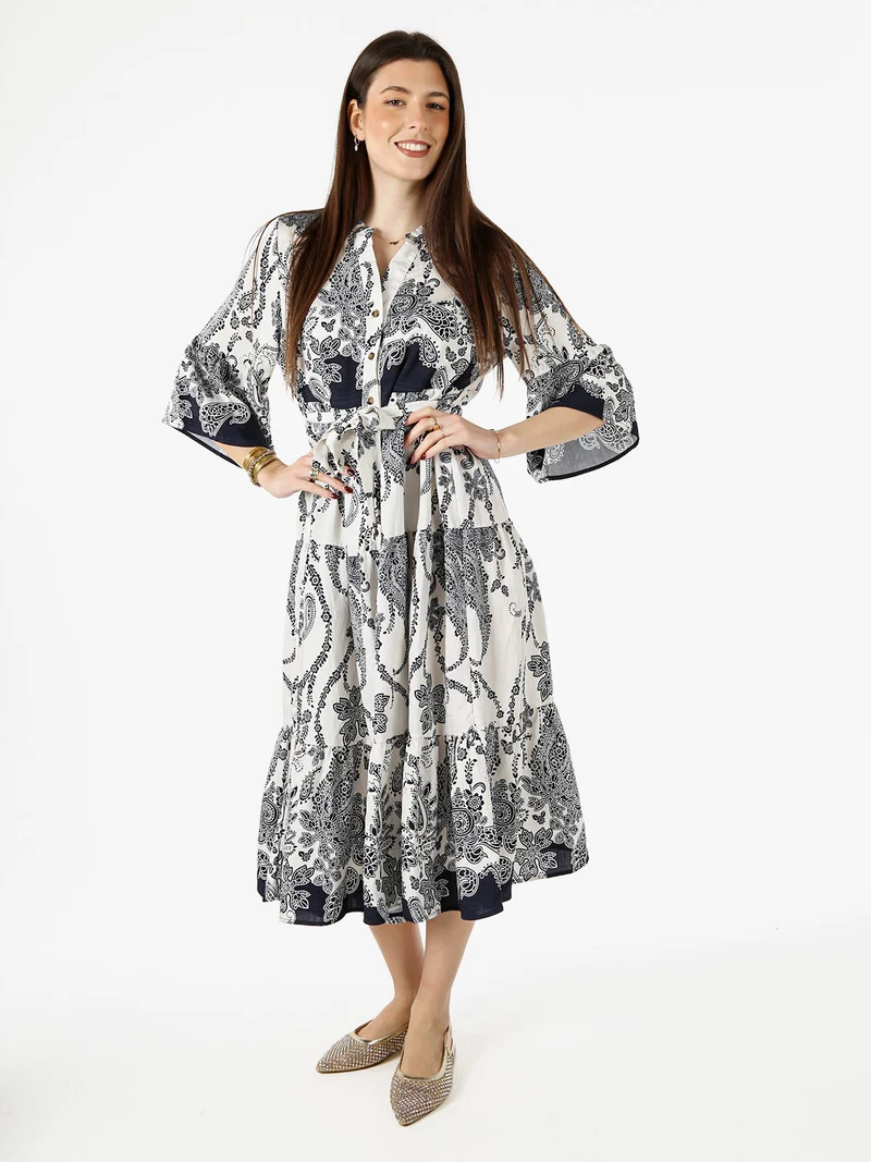 Abito lungo da donna con stampe e maniche corte a campana - blu scuro