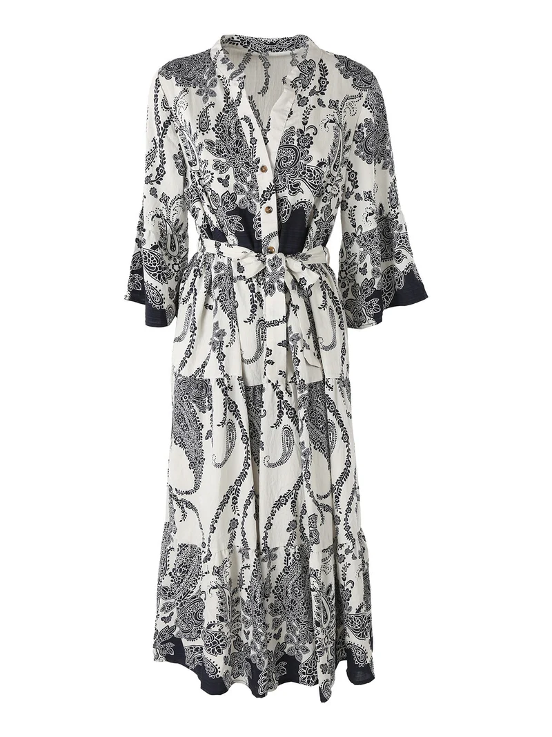 Abito lungo da donna con stampe e maniche corte a campana - blu scuro
