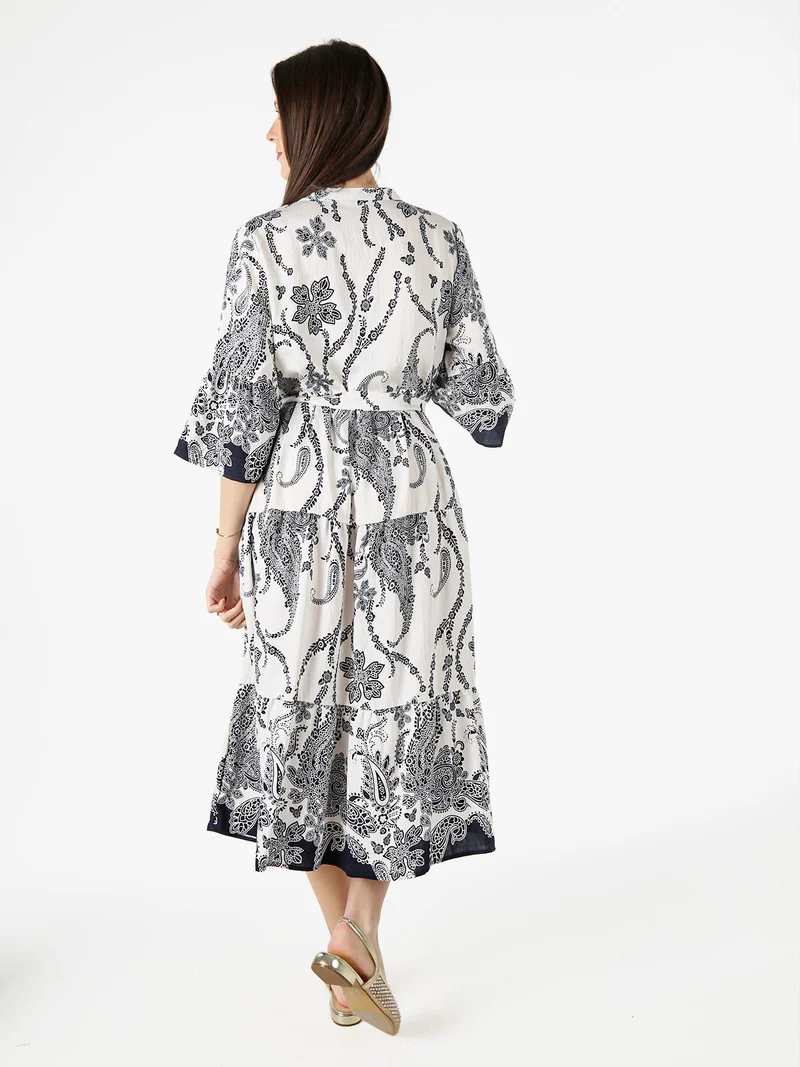 Abito lungo da donna con stampe e maniche corte a campana - blu scuro
