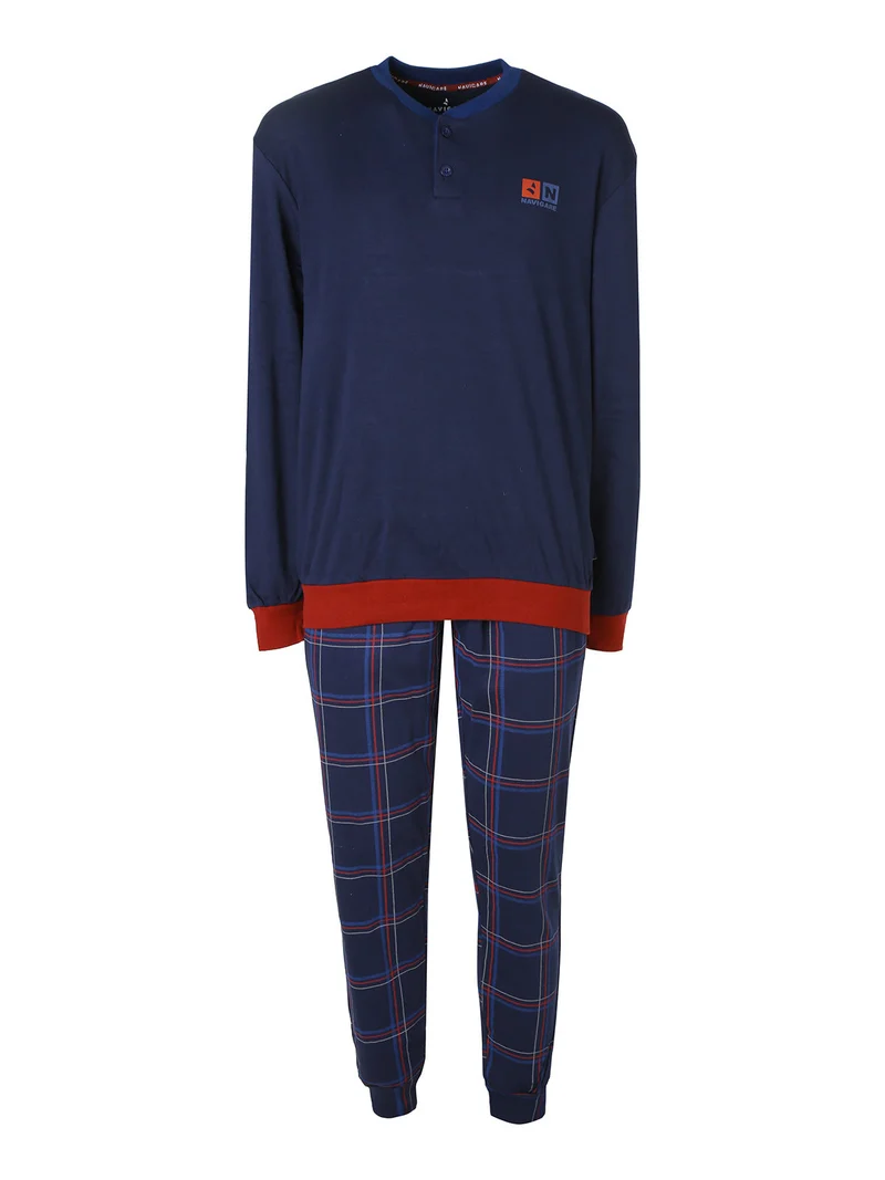 Pigiama lungo da uomo in cotone interlock con pantaloni a quadri e calze incluse - blu scuro