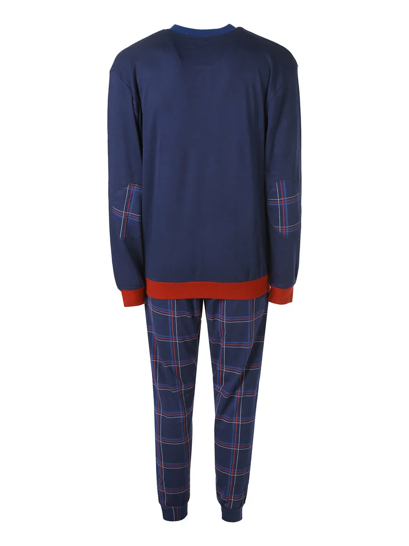 Pigiama lungo da uomo in cotone interlock con pantaloni a quadri e calze incluse - blu scuro