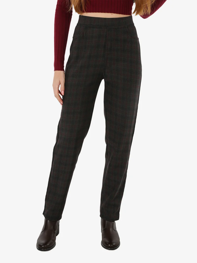 Leggings donna pied de poule con interno in pile - marrone