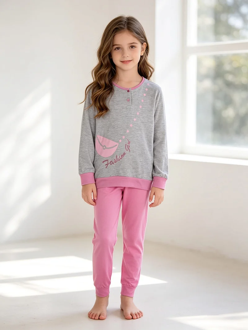 Pigiama lungo 2 pezzi in cotone - rosa