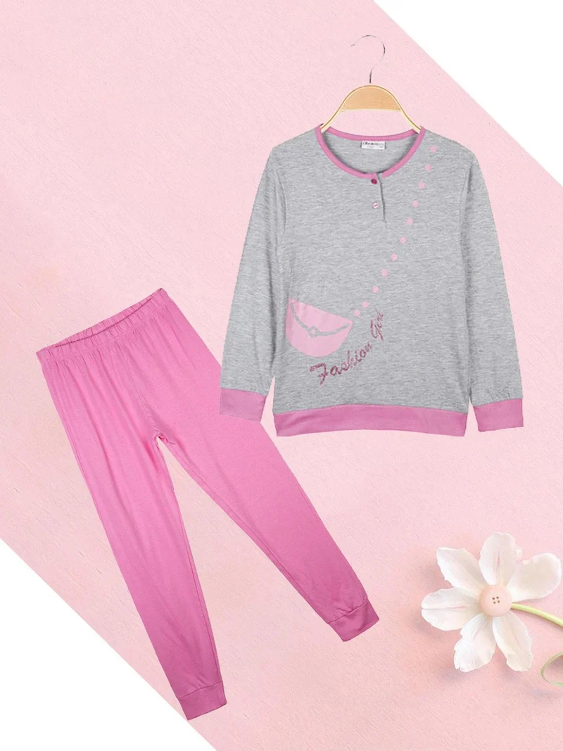 Pigiama lungo 2 pezzi in cotone - rosa