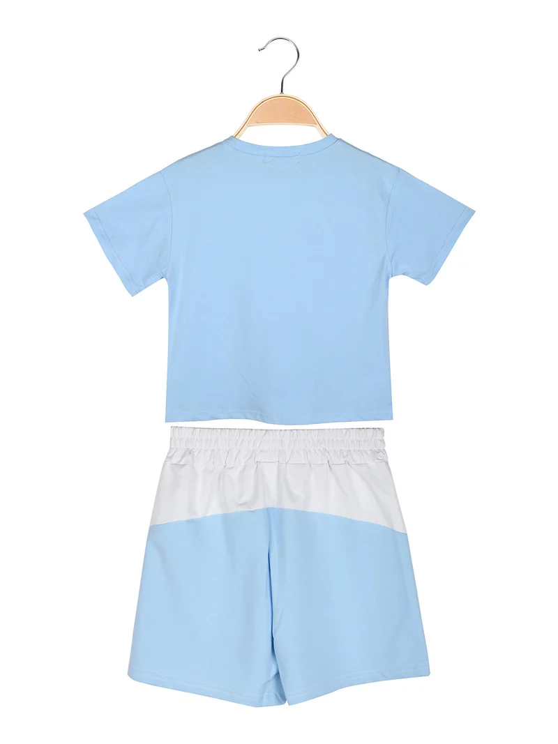 Completo corto da bambina 2 pezzi in cotone - azzurro