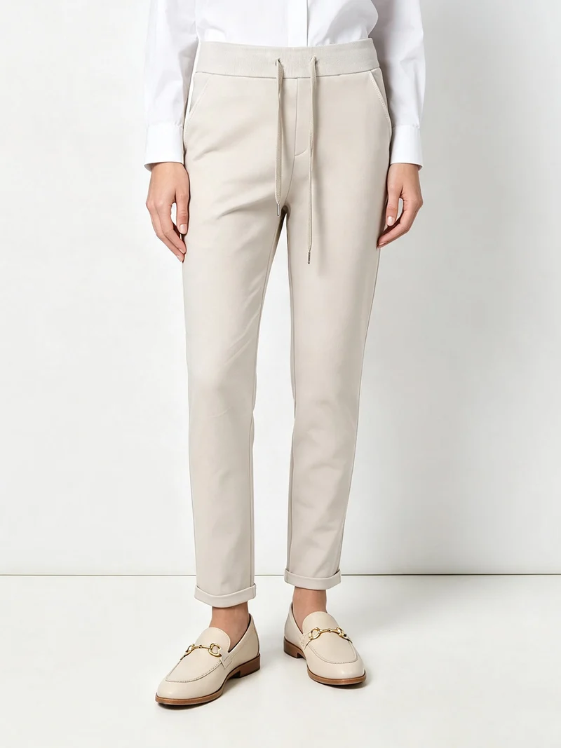 Pantaloni donna in cotone con coulisse in vita e risvolti - beige