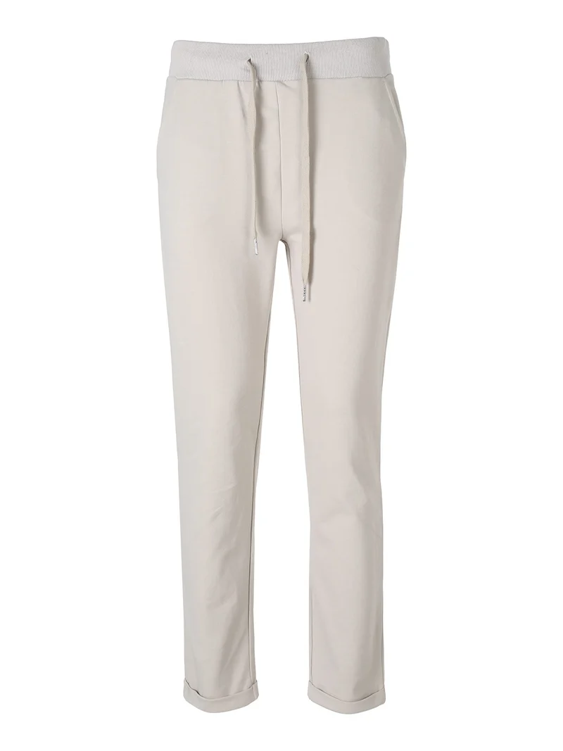 Pantaloni donna in cotone con coulisse in vita e risvolti - beige