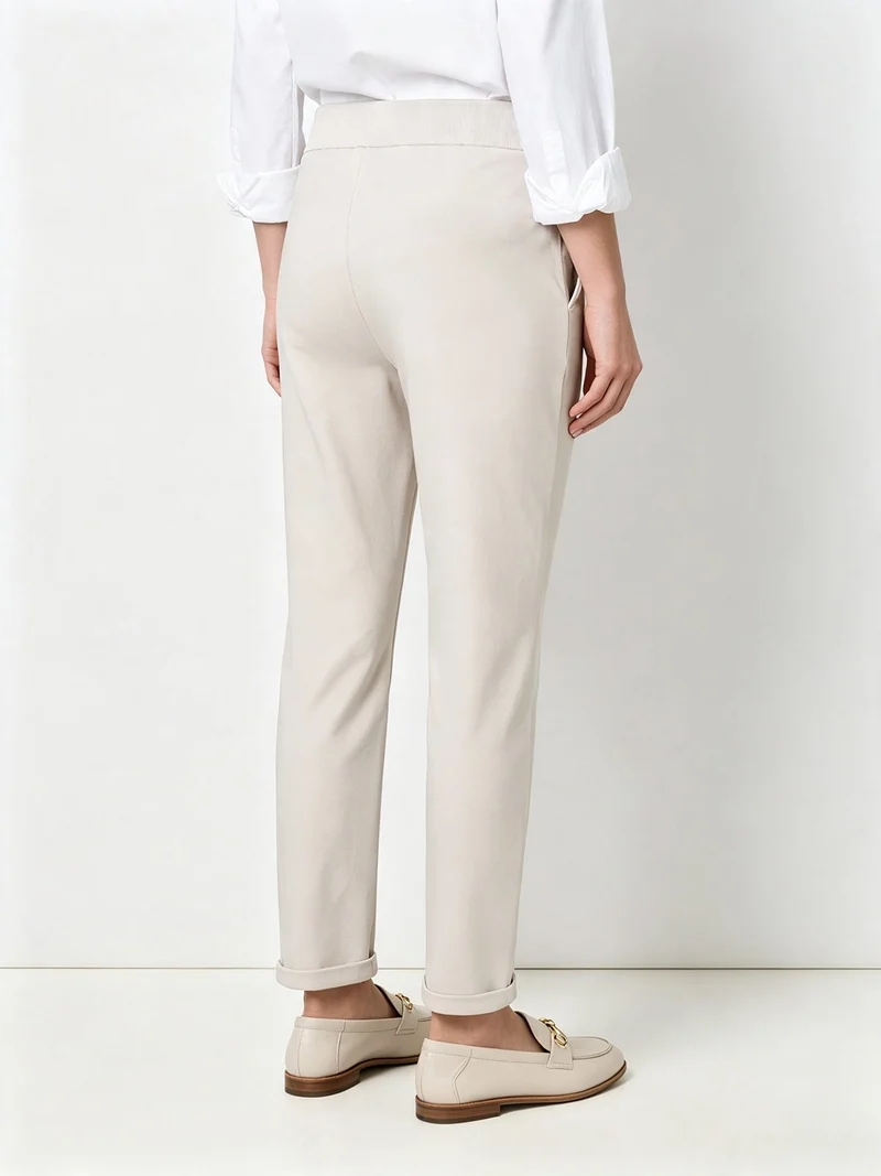 Pantaloni donna in cotone con coulisse in vita e risvolti - beige
