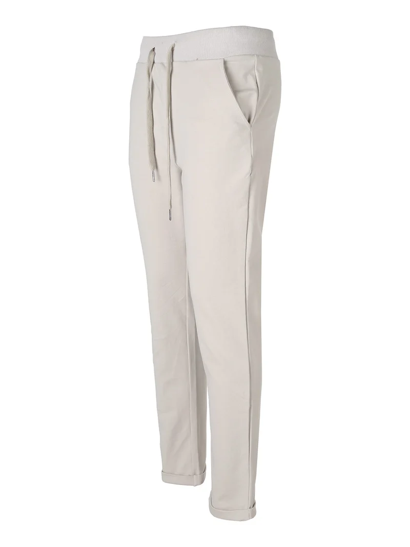 Pantaloni donna in cotone con coulisse in vita e risvolti - beige