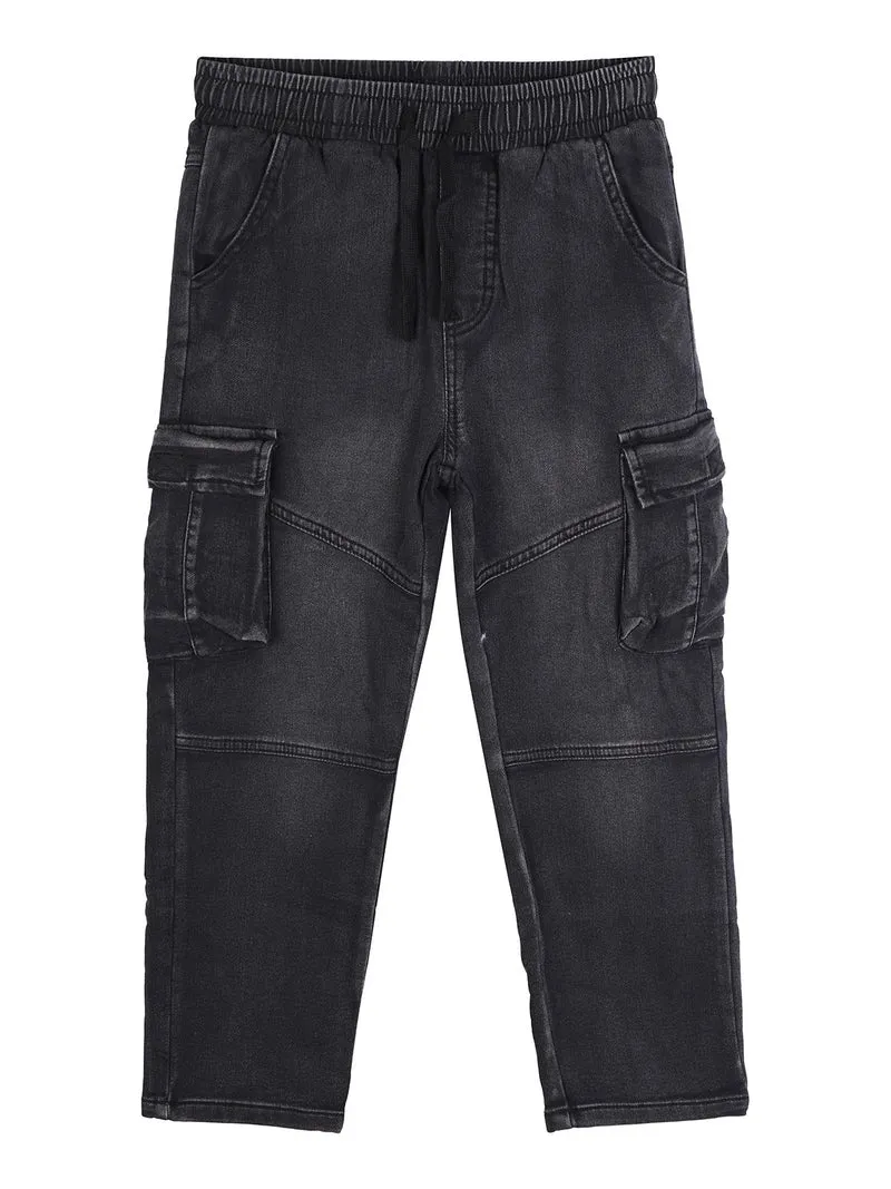 Jeans da bambino con tasconi laterali e coulisse in vita - nero