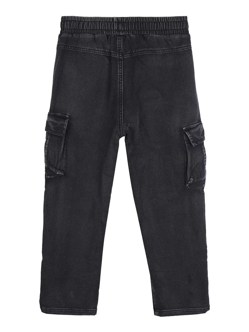 Jeans da bambino con tasconi laterali e coulisse in vita - nero