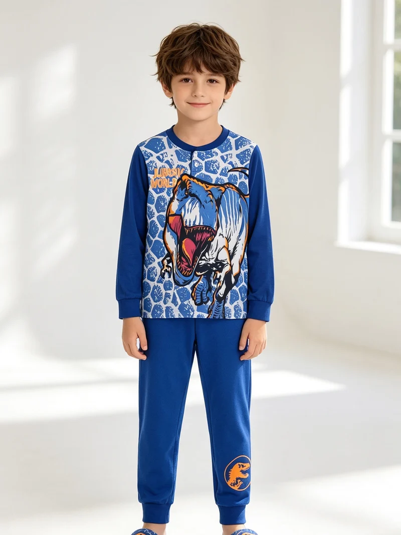 Jurassic world pigiama lungo da bambino in cotone - blu