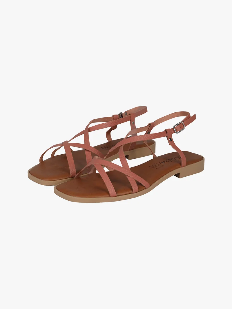 Sandali bassi in pelle da donna con fascette incrociate - rosa