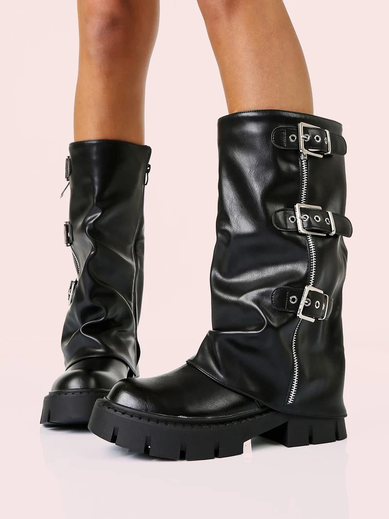 Stivaletti chunky donna a doppio strato con fibbie e zip - nero