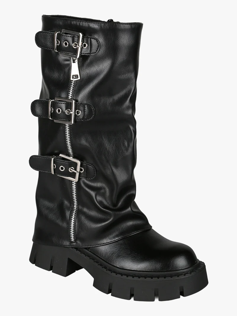 Stivaletti chunky donna a doppio strato con fibbie e zip - nero