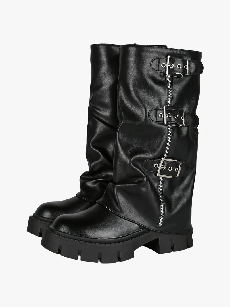 Stivaletti chunky donna a doppio strato con fibbie e zip - nero