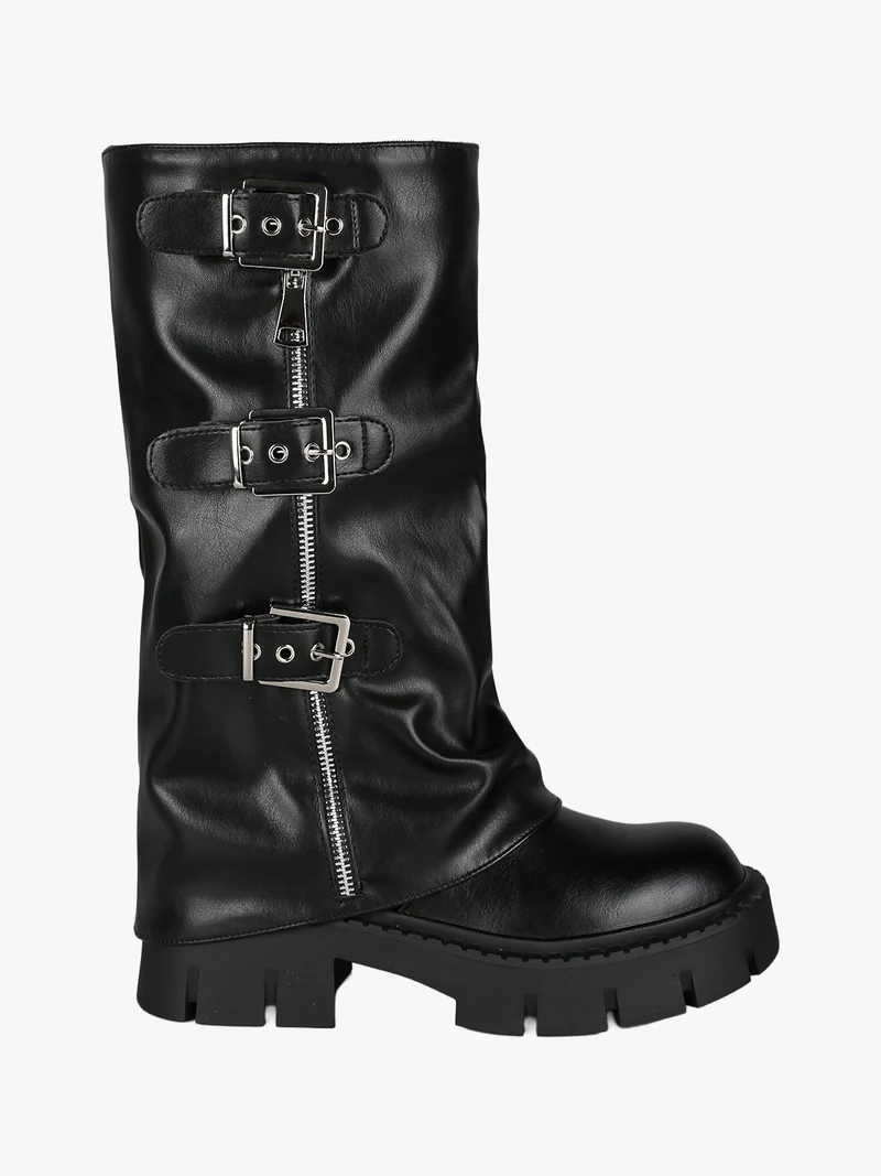Stivaletti chunky donna a doppio strato con fibbie e zip - nero