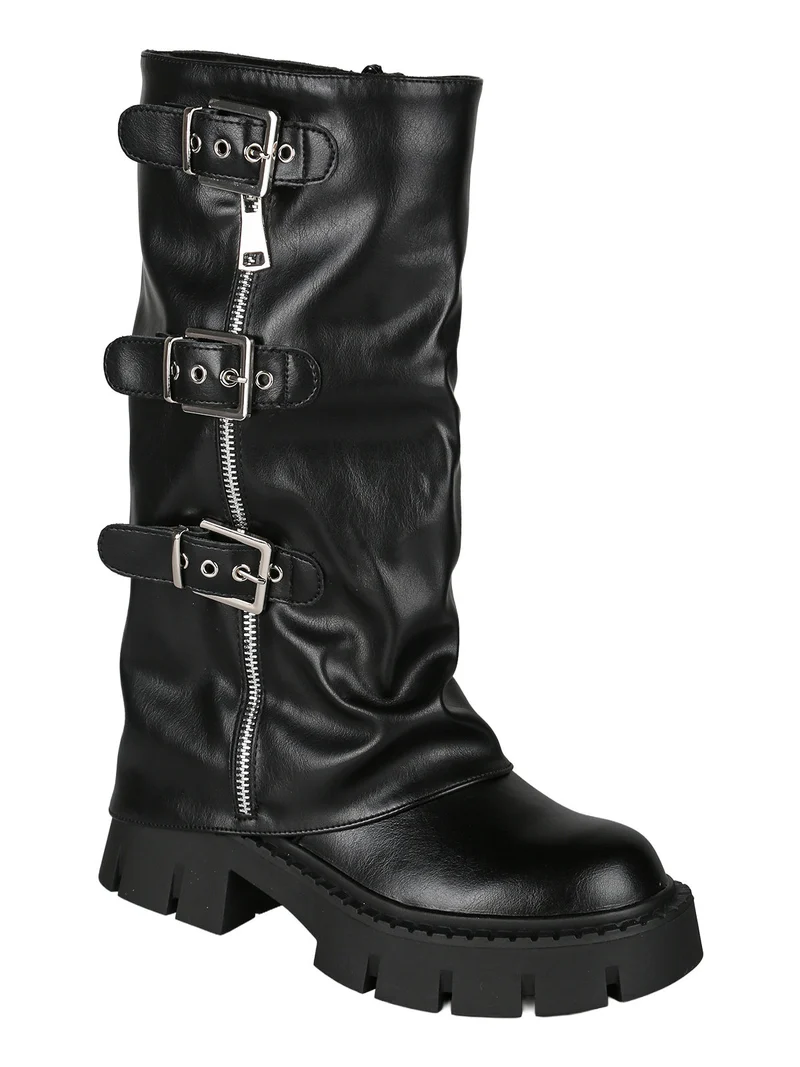 Stivaletti chunky donna a doppio strato con fibbie e zip - nero
