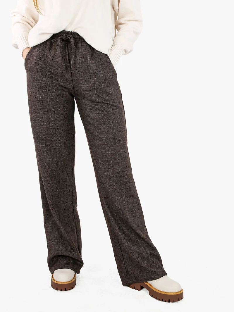 Pantaloni donna a gamba larga con interno in pile - marrone