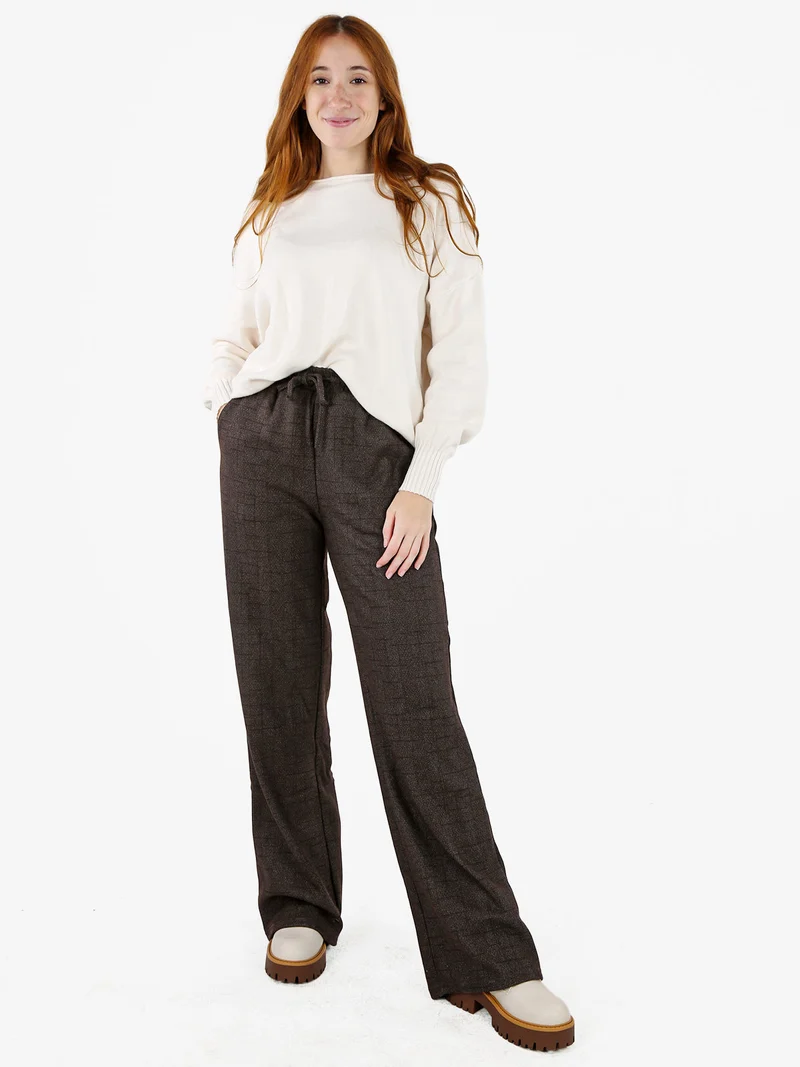 Pantaloni donna a gamba larga con interno in pile - marrone