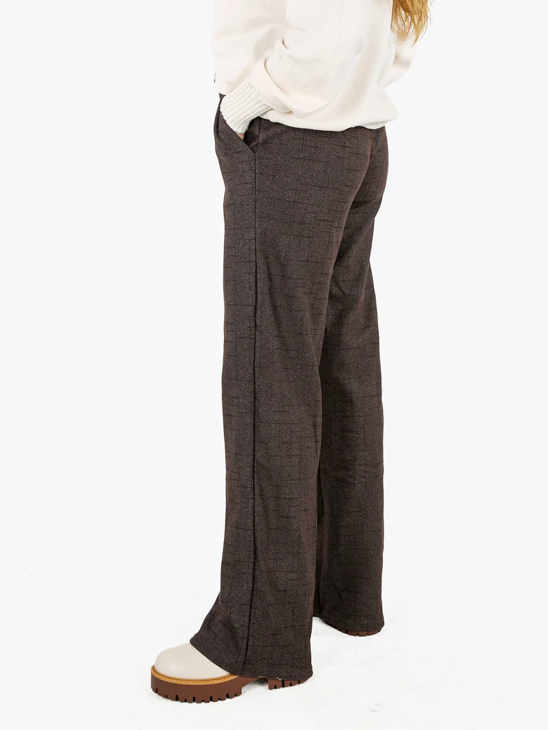 Pantaloni donna a gamba larga con interno in pile - marrone
