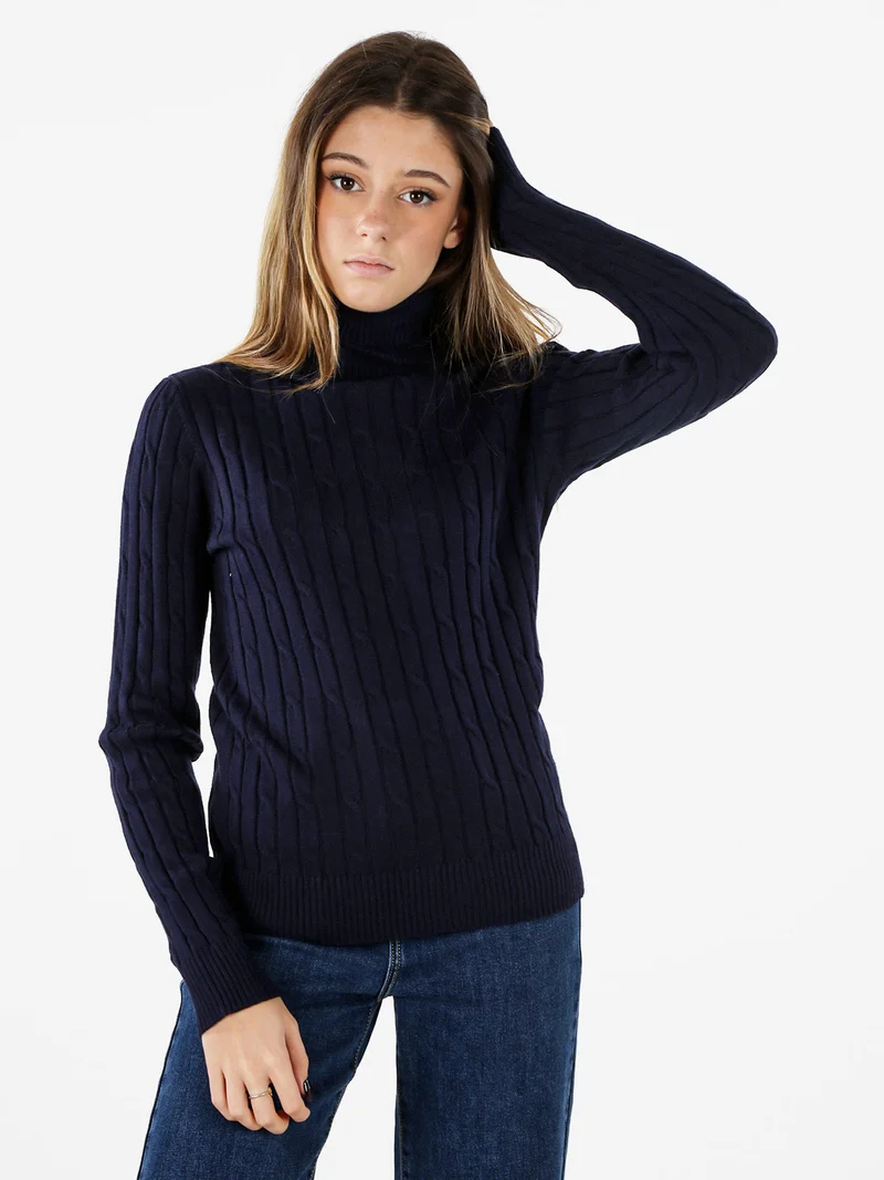 Maglione dolcevita donna a trecce - blu scuro