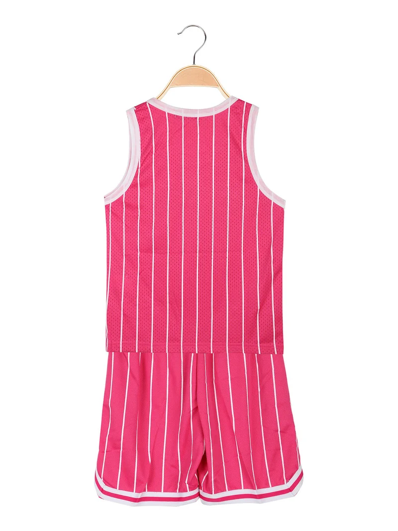 Completo sportivo corto da ragazza con canotta e bermuda rigati - fucsia