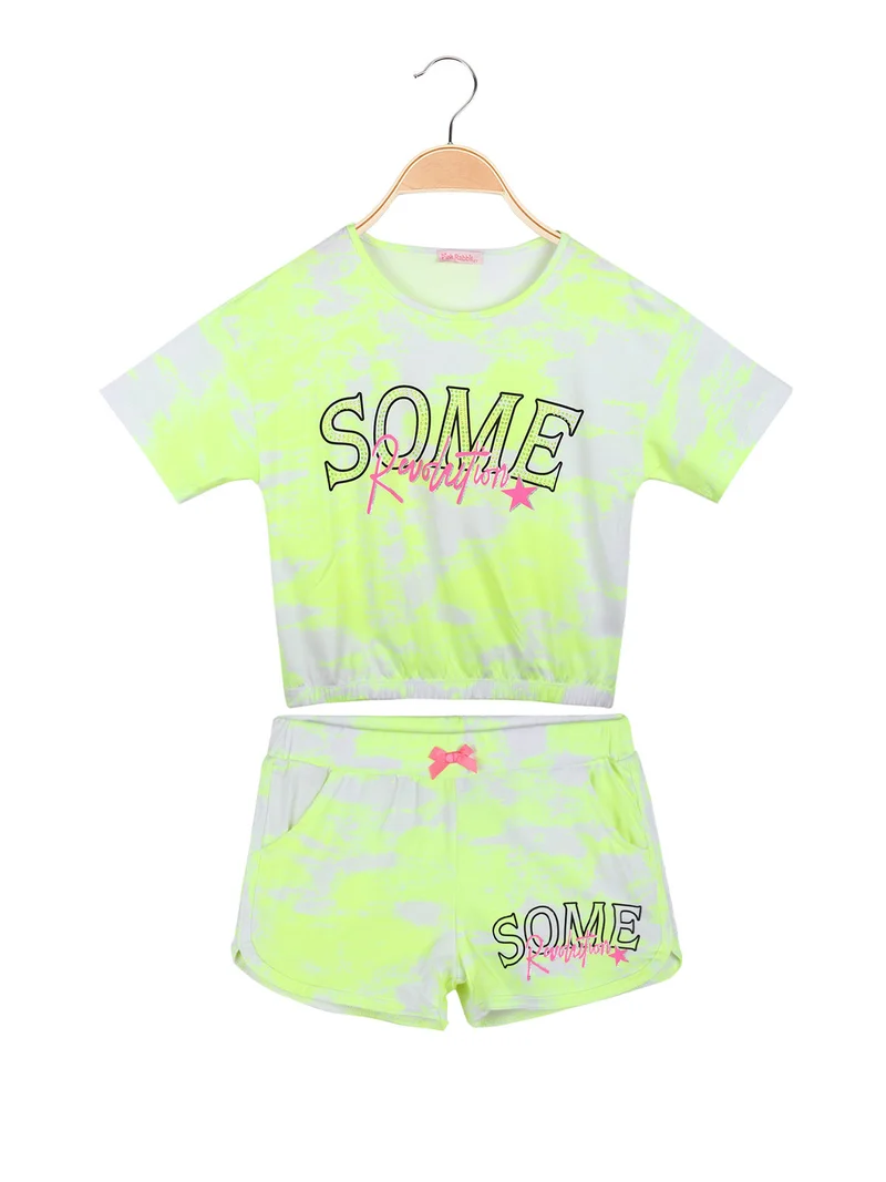 Completo corto 2 pezzi da bambina con scritta e strass - mela