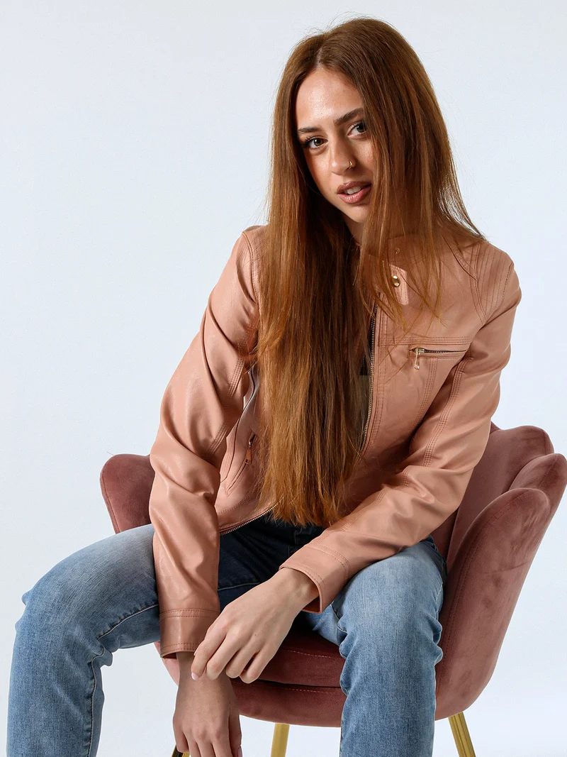 Giacca in ecopelle da donna con zip - rosa