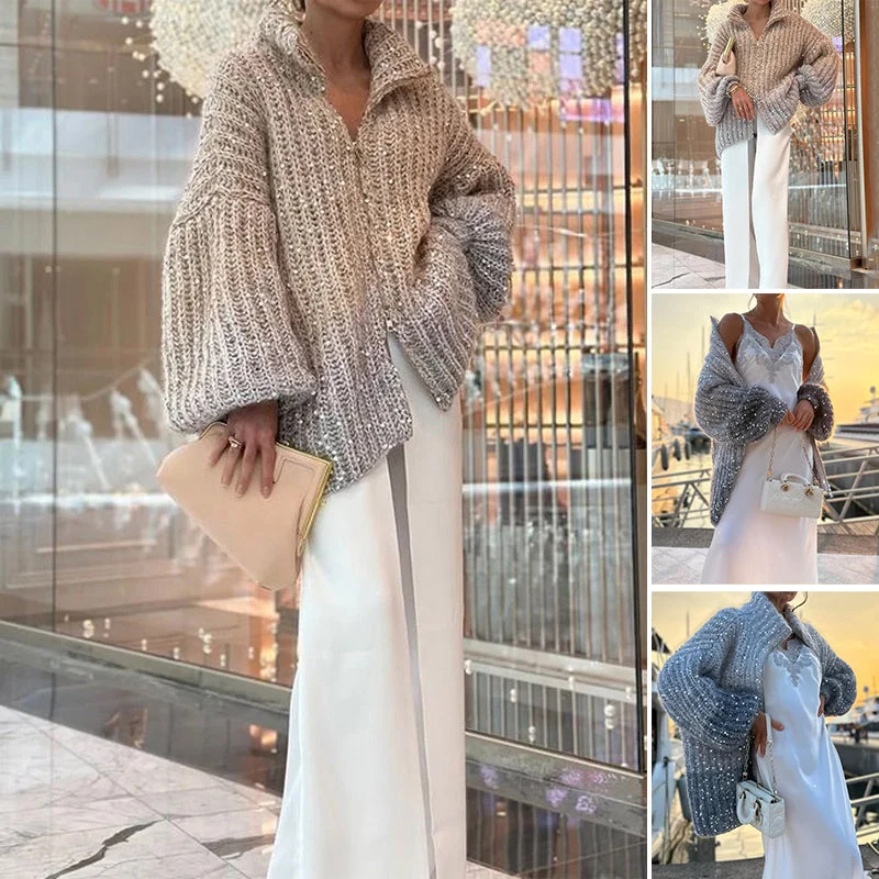 Damen Strickjacke mit Pailletten | Eleganter Glanz & Leichtes Gewebe | Einfarbig Cardigan für Alltag & besondere Anlässe