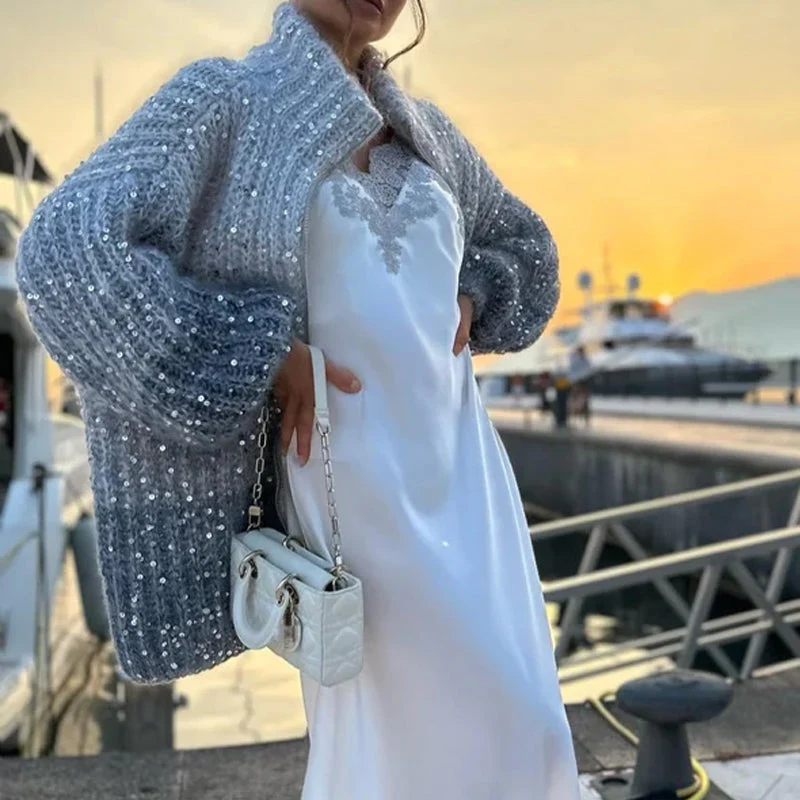 Damen Strickjacke mit Pailletten | Eleganter Glanz & Leichtes Gewebe | Einfarbig Cardigan für Alltag & besondere Anlässe