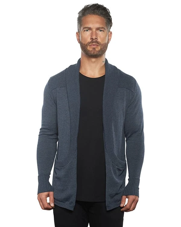 Herren Cardigan Strickjacke | Slim Fit | Leichtes Strickmaterial mit Stretch | Schalkragen & Taschen | Oat/Graphite/Blue