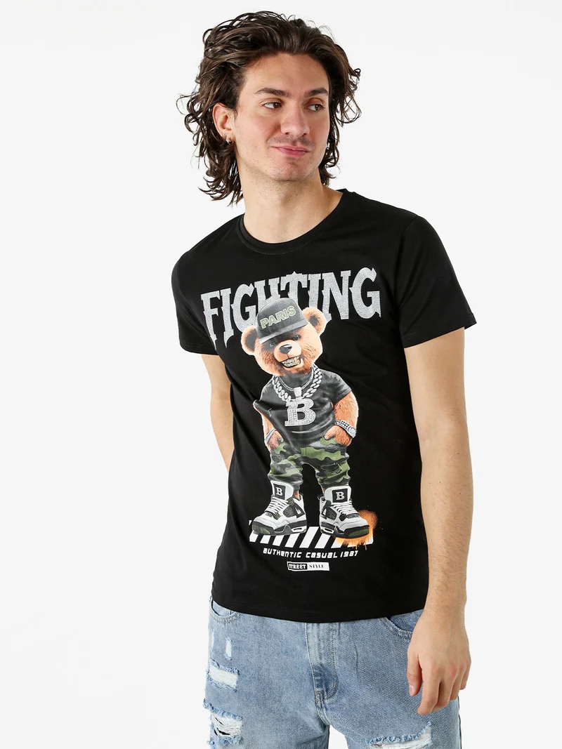 T-shirt da uomo in cotone con stampa orsacchiotto - nero