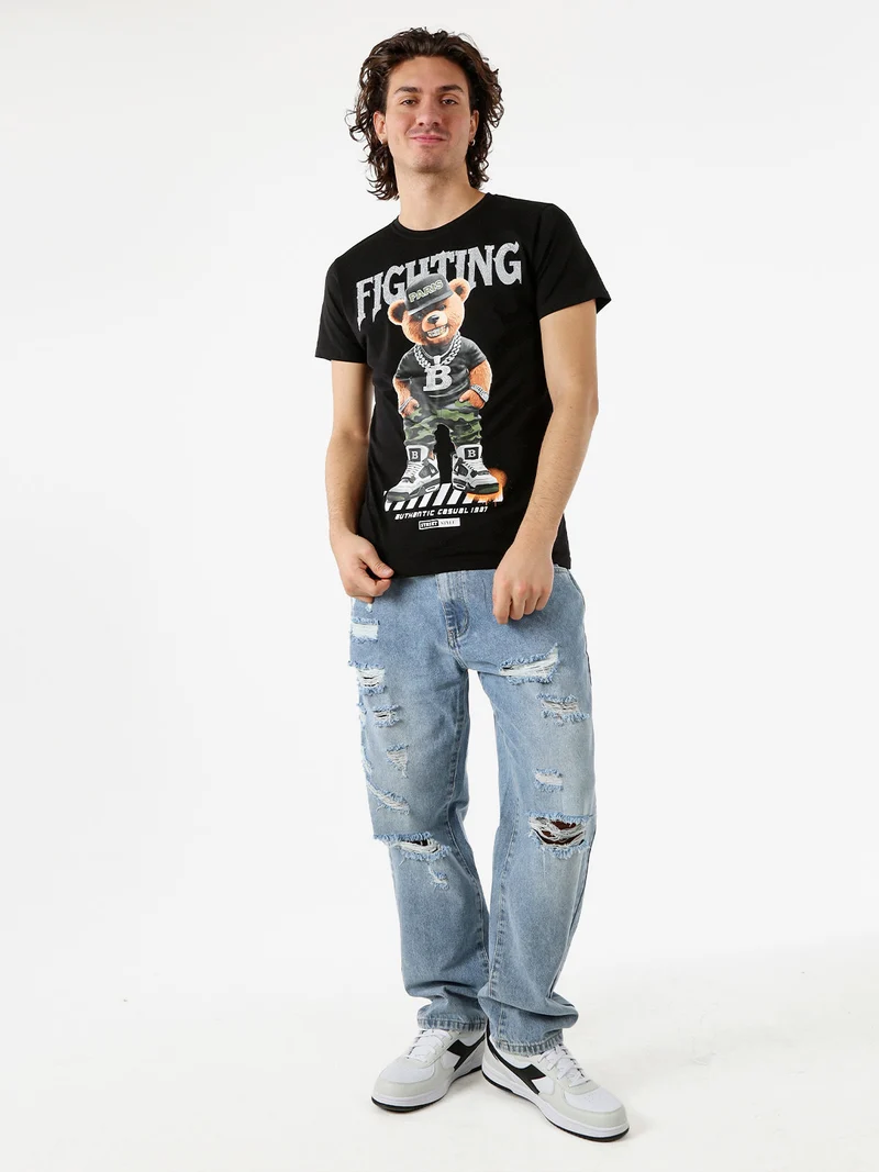 T-shirt da uomo in cotone con stampa orsacchiotto - nero