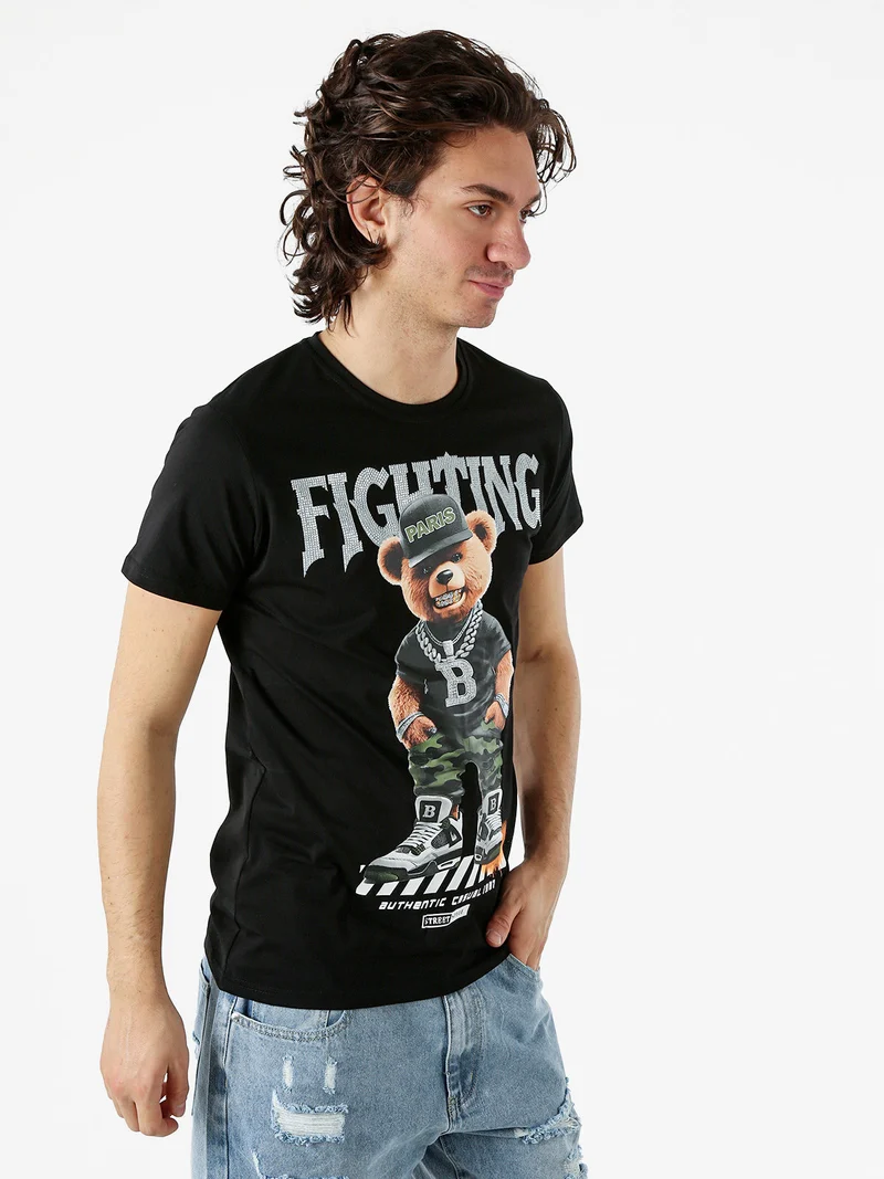 T-shirt da uomo in cotone con stampa orsacchiotto - nero