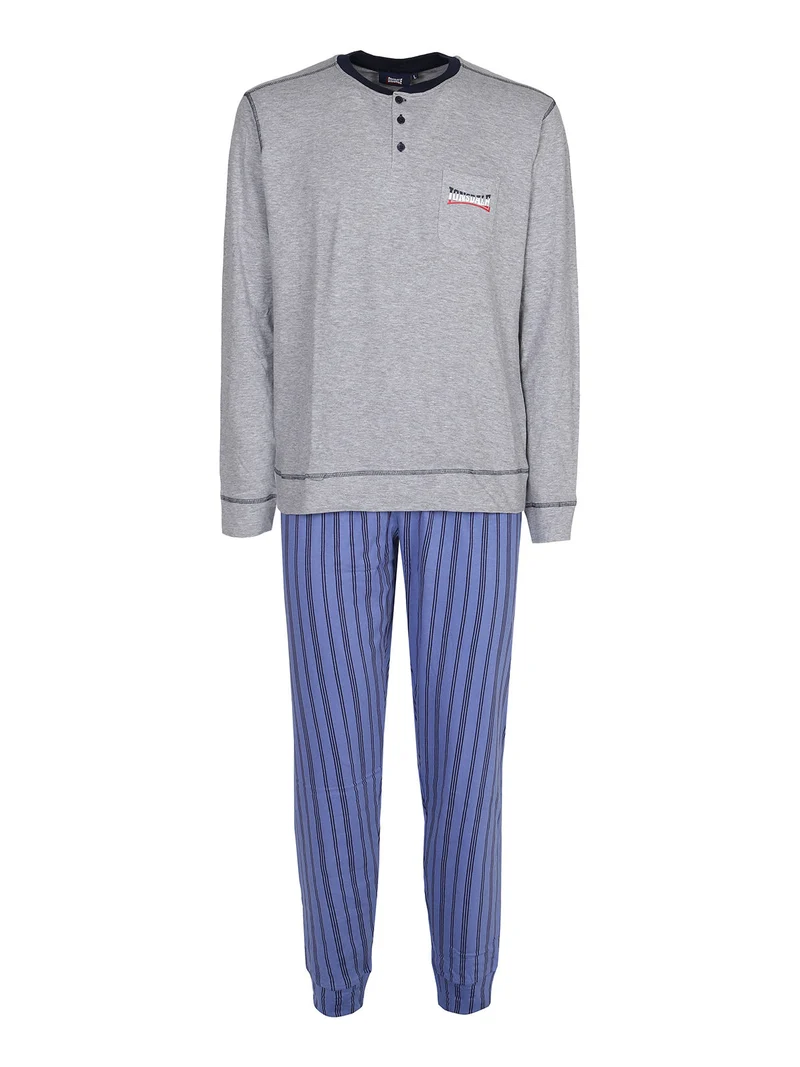 Pigiama lungo da uomo in cotone con pantaloni a righe - grigio