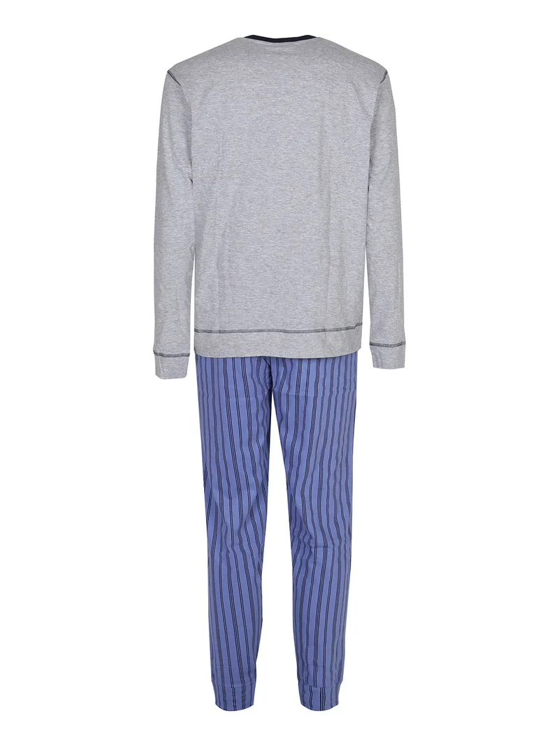 Pigiama lungo da uomo in cotone con pantaloni a righe - grigio