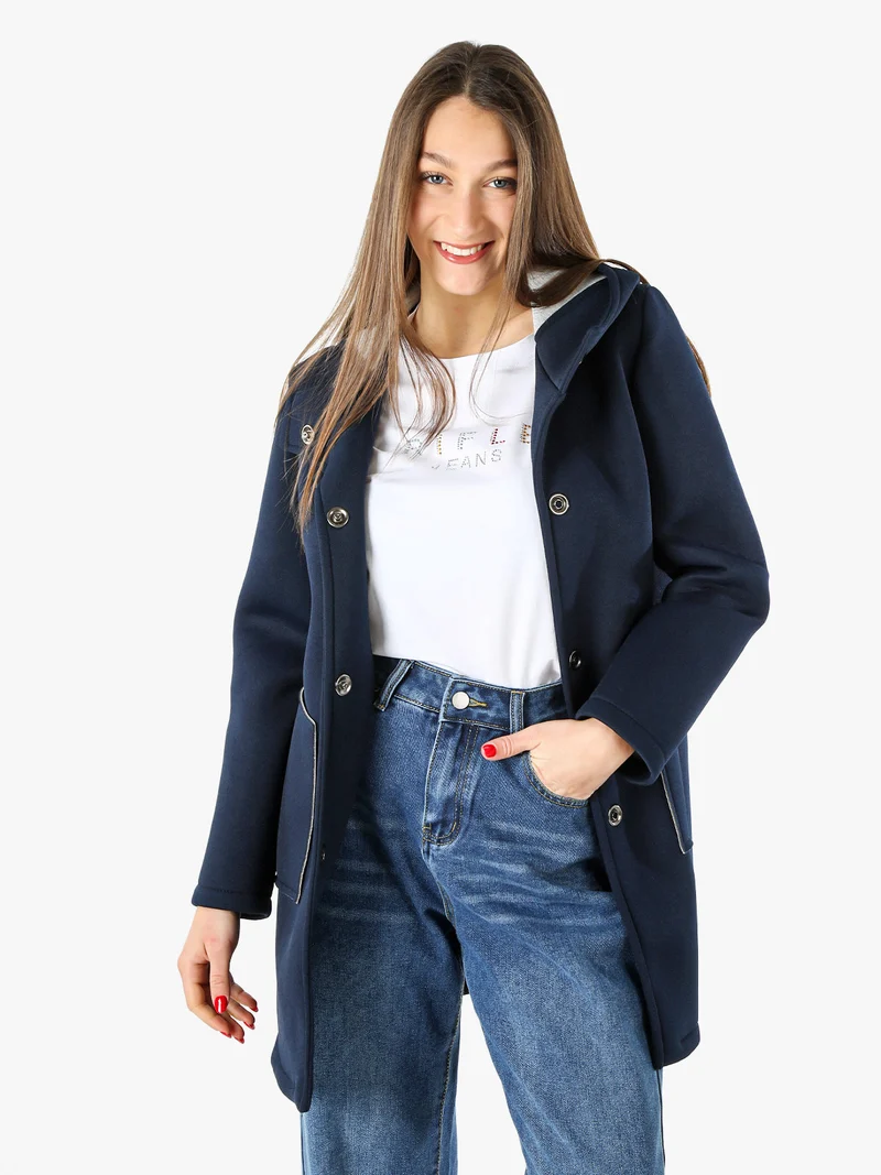 Cappotto da donna in panno con bottoni e cappuccio - blu scuro