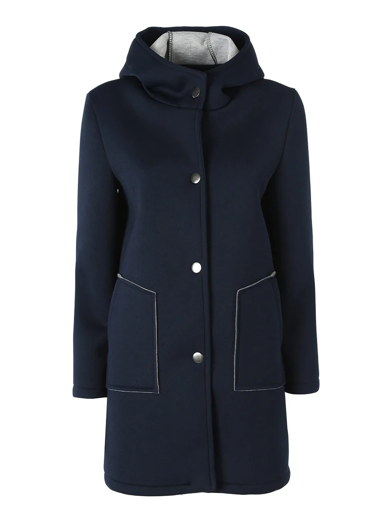 Cappotto da donna in panno con bottoni e cappuccio - blu scuro