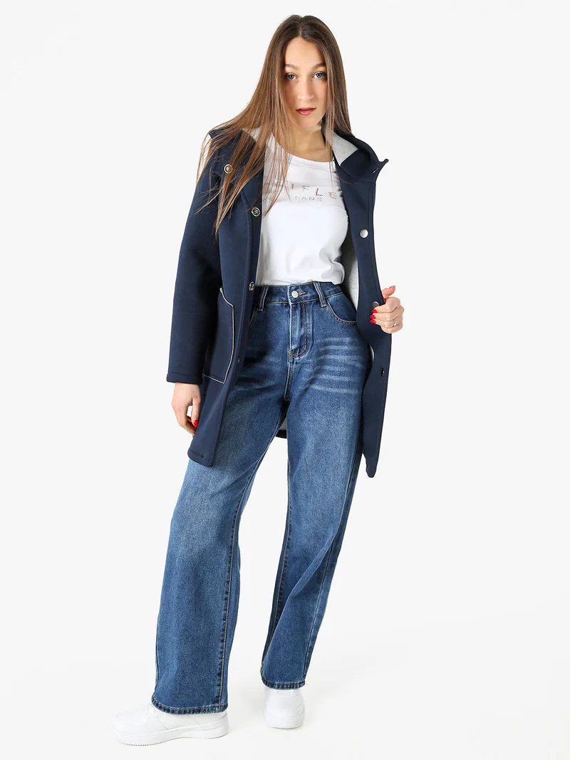 Cappotto da donna in panno con bottoni e cappuccio - blu scuro