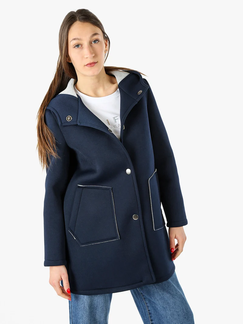 Cappotto da donna in panno con bottoni e cappuccio - blu scuro