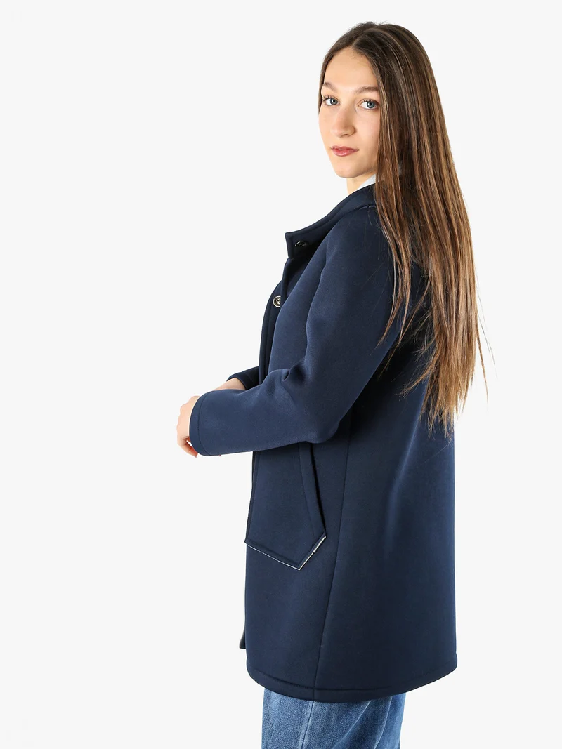 Cappotto da donna in panno con bottoni e cappuccio - blu scuro