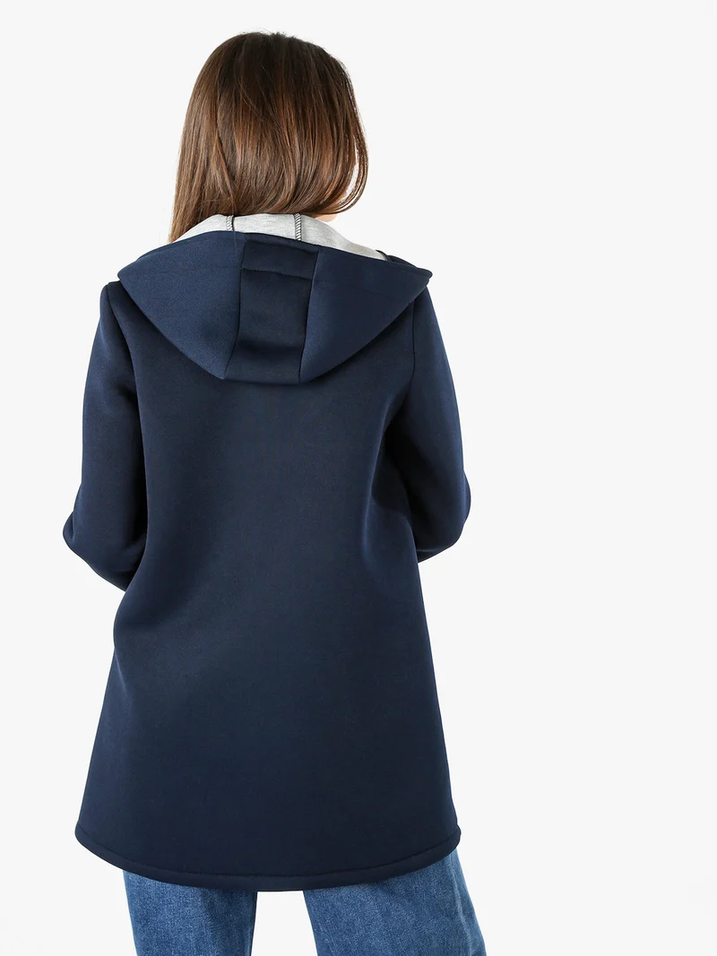 Cappotto da donna in panno con bottoni e cappuccio - blu scuro